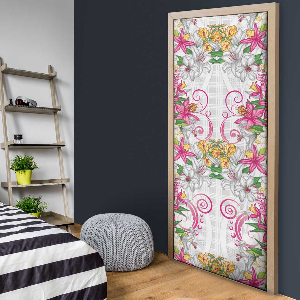 Hawaii Palaka Door Cover White Tribal Pattern With Tropical Flowers - Polynesian Pride