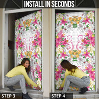 Hawaii Palaka Door Cover White Tribal Pattern With Tropical Flowers - Polynesian Pride