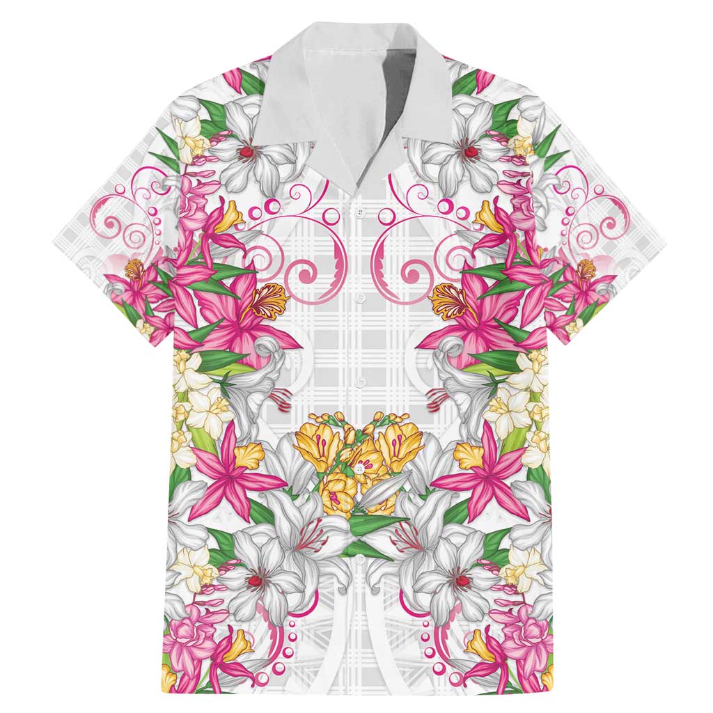 Hawaii Palaka Family Matching Mermaid Dress and Hawaiian Shirt White Tribal Pattern With Tropical Flowers - Polynesian Pride