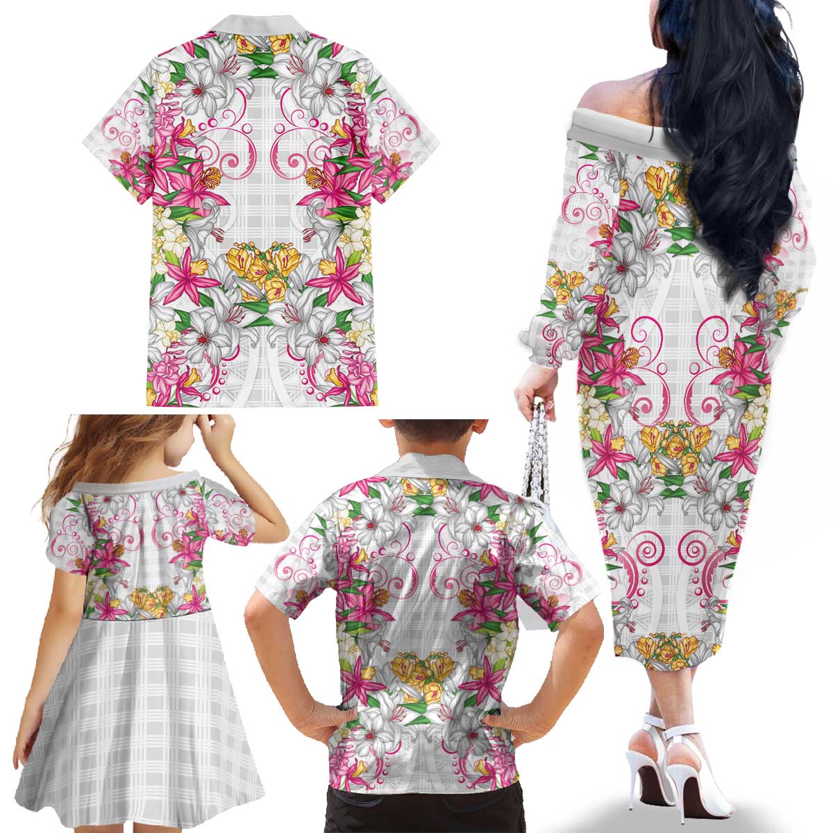 Hawaii Palaka Family Matching Off The Shoulder Long Sleeve Dress and Hawaiian Shirt White Tribal Pattern With Tropical Flowers - Polynesian Pride