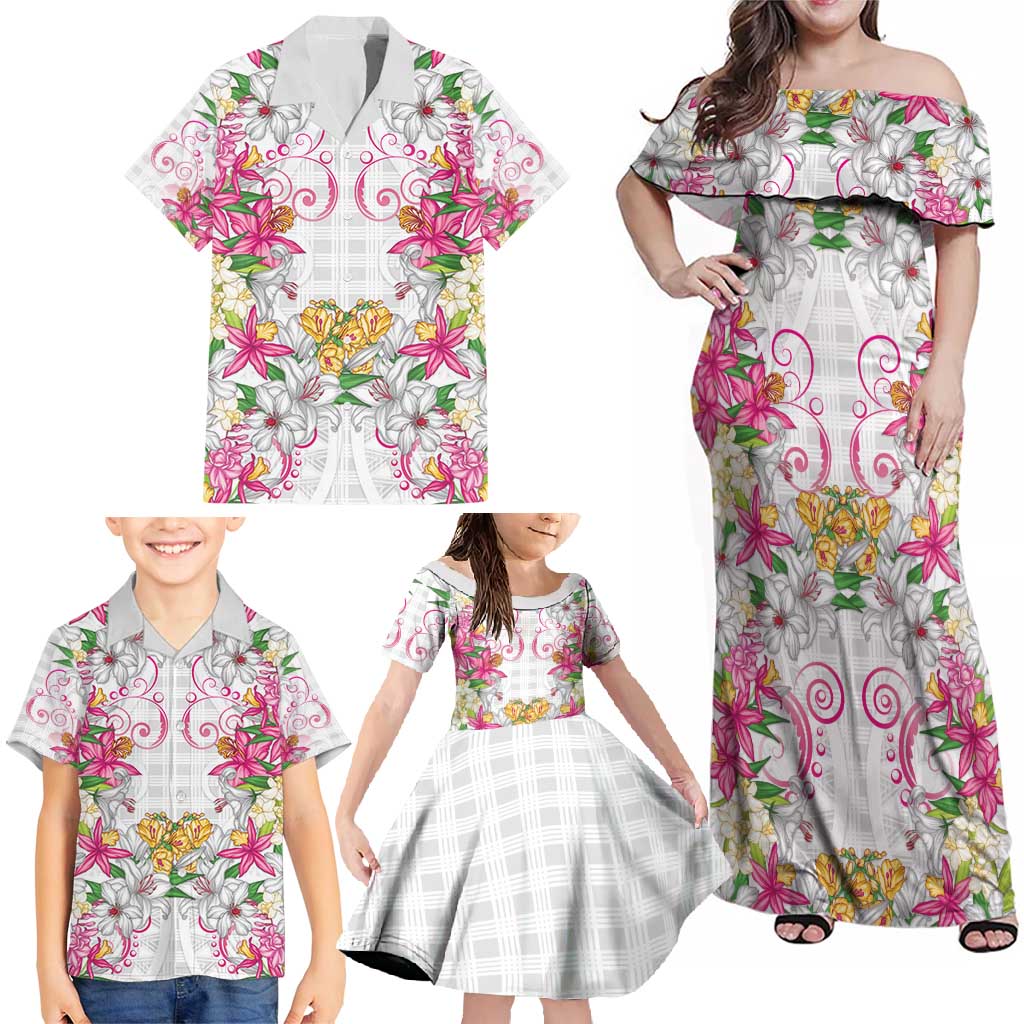 Hawaii Palaka Family Matching Off Shoulder Maxi Dress and Hawaiian Shirt White Tribal Pattern With Tropical Flowers LT05 - Polynesian Pride