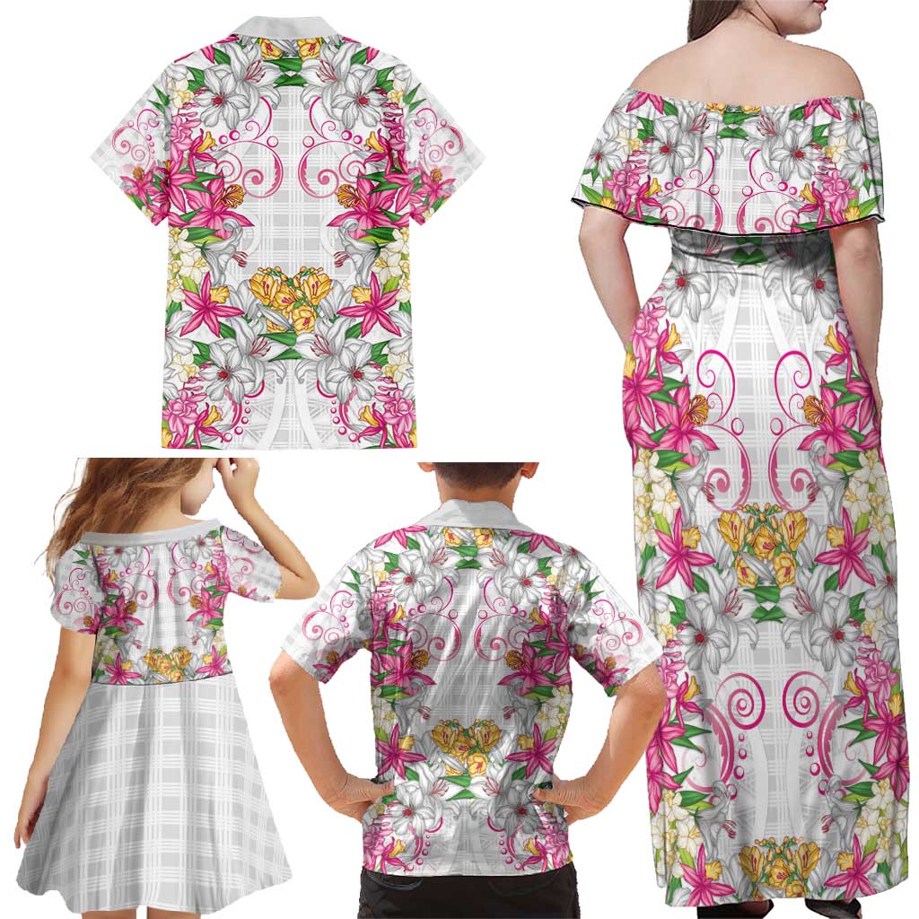 Hawaii Palaka Family Matching Off Shoulder Maxi Dress and Hawaiian Shirt White Tribal Pattern With Tropical Flowers LT05 - Polynesian Pride