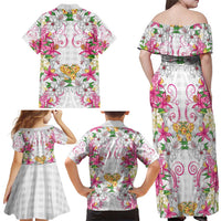 Hawaii Palaka Family Matching Off Shoulder Maxi Dress and Hawaiian Shirt White Tribal Pattern With Tropical Flowers LT05 - Polynesian Pride