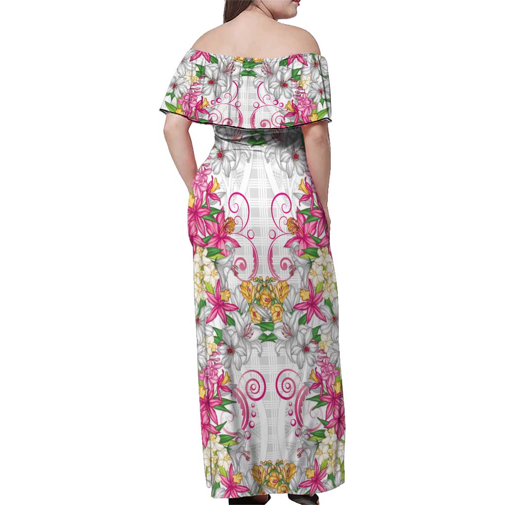 Hawaii Palaka Family Matching Off Shoulder Maxi Dress and Hawaiian Shirt White Tribal Pattern With Tropical Flowers LT05 - Polynesian Pride