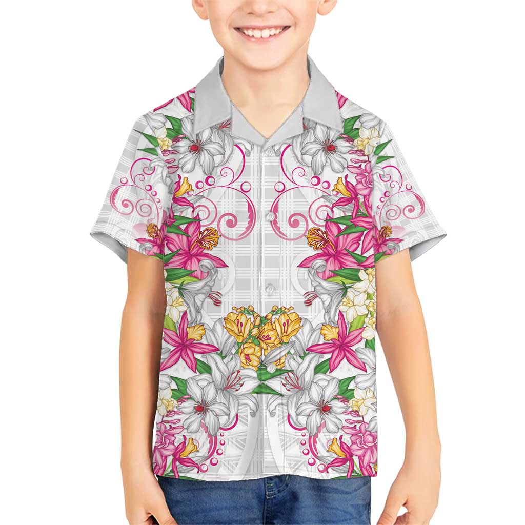 Hawaii Palaka Family Matching Off Shoulder Maxi Dress and Hawaiian Shirt White Tribal Pattern With Tropical Flowers LT05 Son's Shirt White - Polynesian Pride