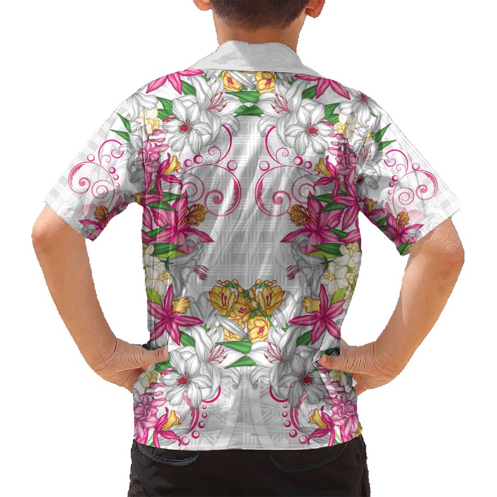 Hawaii Palaka Family Matching Off Shoulder Short Dress and Hawaiian Shirt White Tribal Pattern With Tropical Flowers LT05 - Polynesian Pride