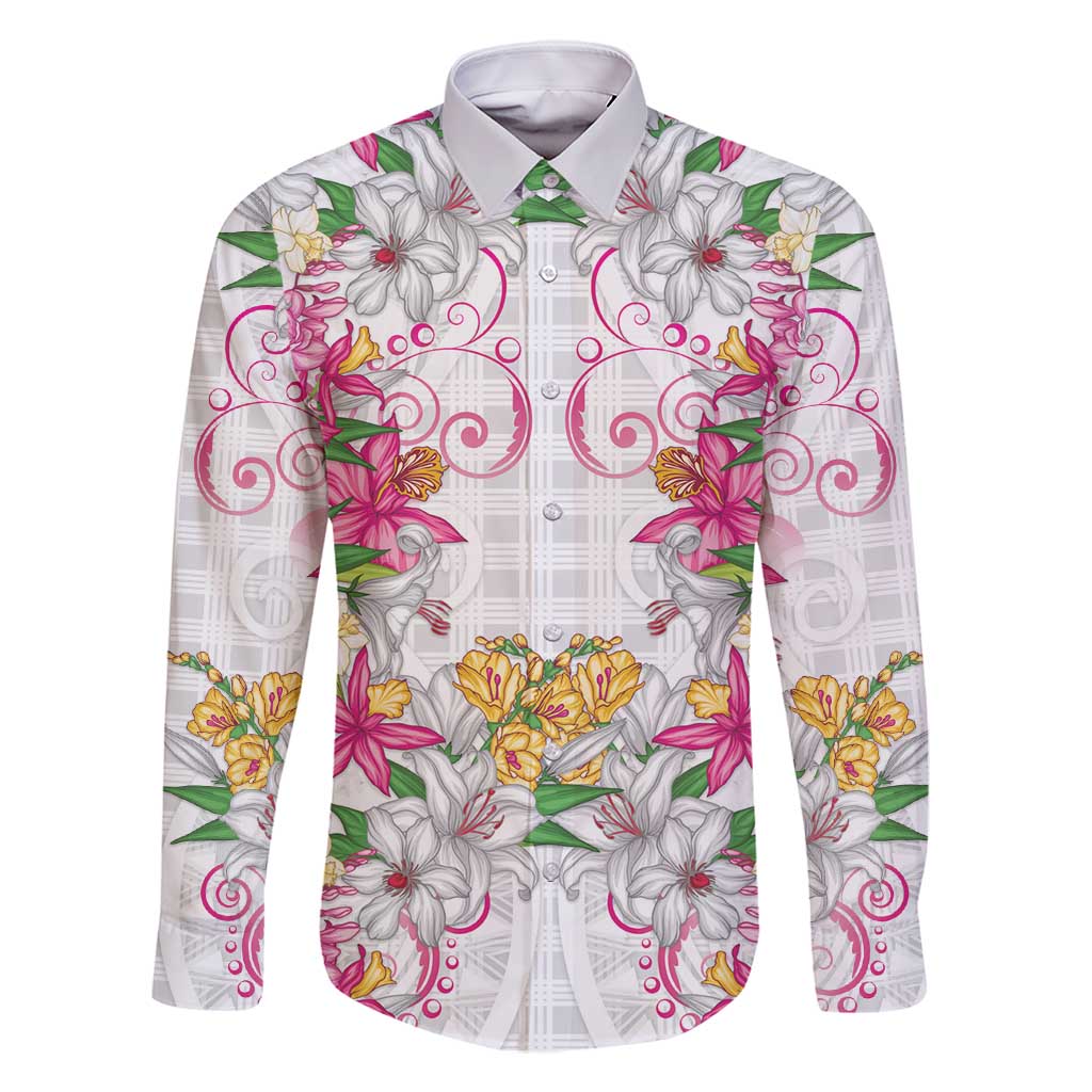 Hawaii Palaka Family Matching Off Shoulder Short Dress and Hawaiian Shirt White Tribal Pattern With Tropical Flowers LT05 Dad's Shirt - Long Sleeve White - Polynesian Pride