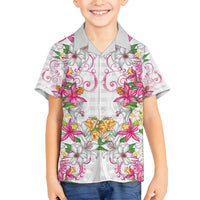 Hawaii Palaka Family Matching Off Shoulder Short Dress and Hawaiian Shirt White Tribal Pattern With Tropical Flowers LT05 Son's Shirt White - Polynesian Pride