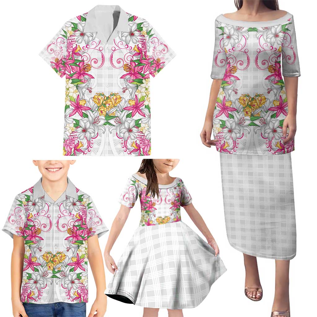 Hawaii Palaka Family Matching Puletasi and Hawaiian Shirt White Tribal Pattern With Tropical Flowers LT05 - Polynesian Pride