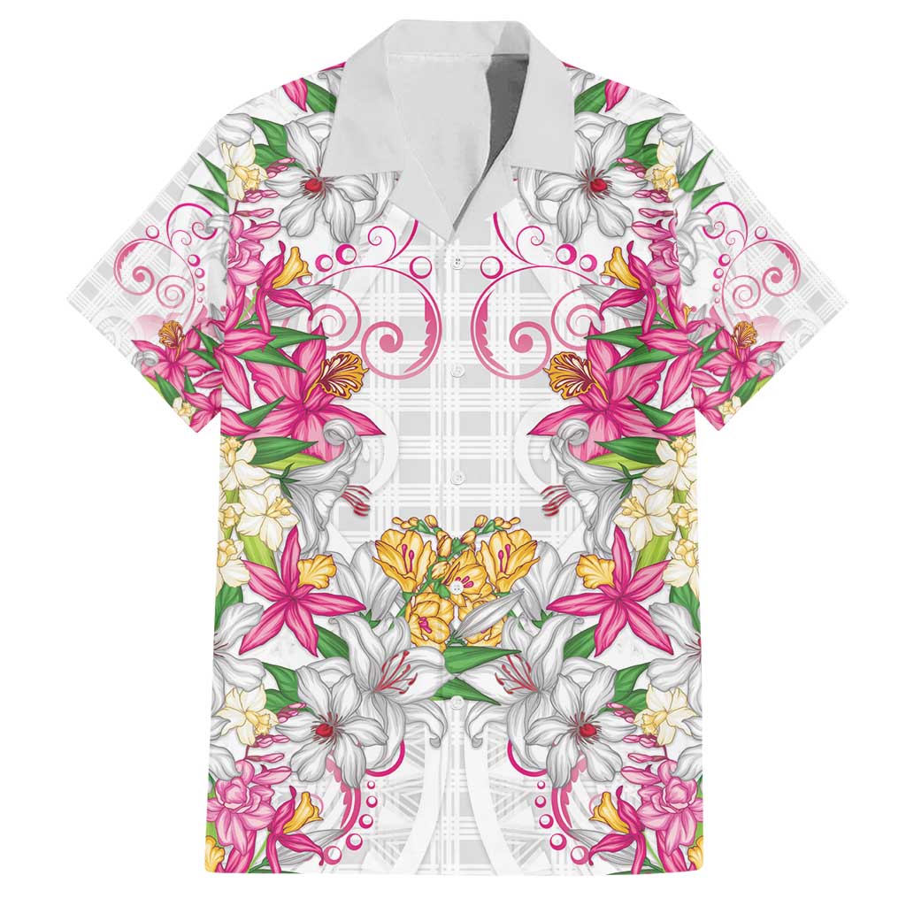 Hawaii Palaka Family Matching Puletasi and Hawaiian Shirt White Tribal Pattern With Tropical Flowers LT05 Dad's Shirt - Short Sleeve White - Polynesian Pride