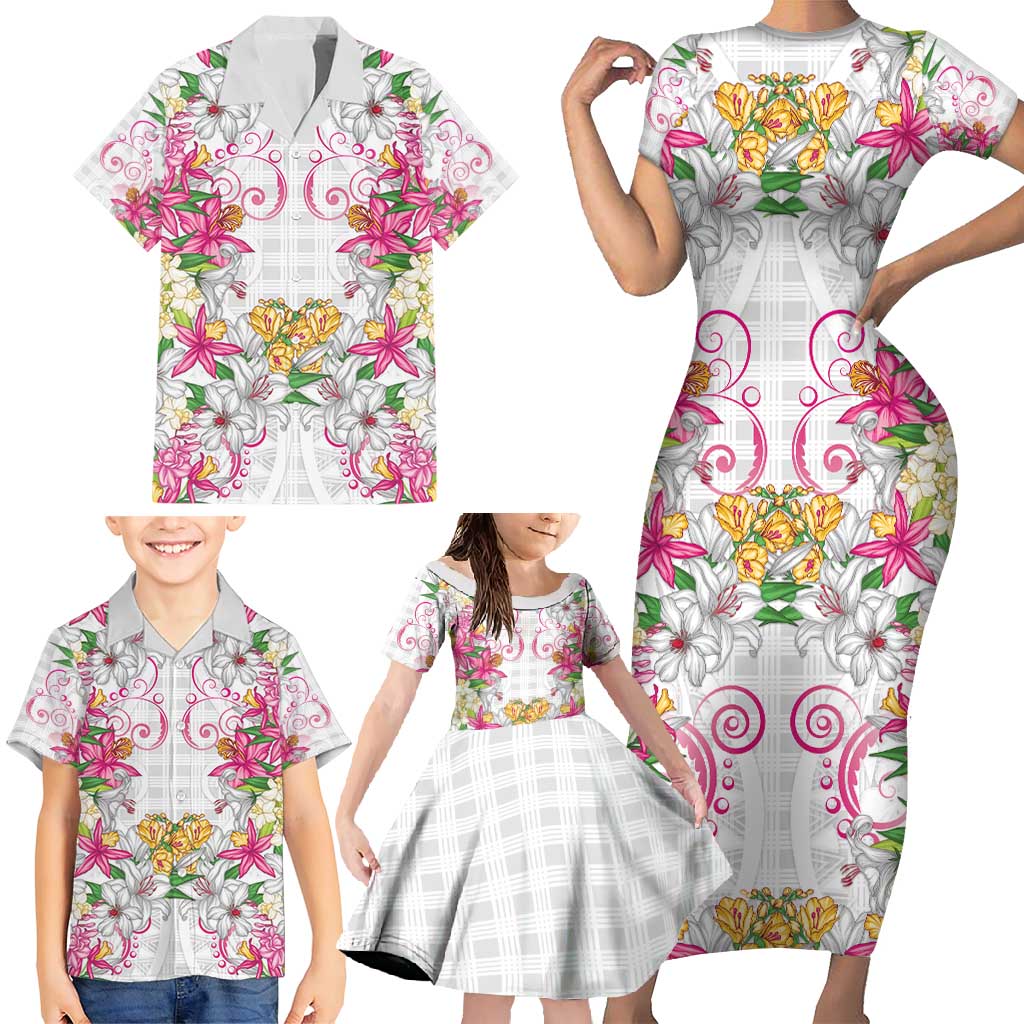 Hawaii Palaka Family Matching Short Sleeve Bodycon Dress and Hawaiian Shirt White Tribal Pattern With Tropical Flowers - Polynesian Pride