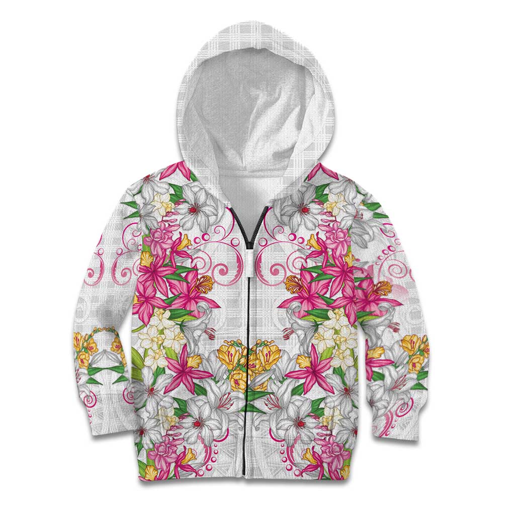 Hawaii Palaka Kid Hoodie White Tribal Pattern With Tropical Flowers - Polynesian Pride