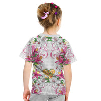 Hawaii Palaka Kid T Shirt White Tribal Pattern With Tropical Flowers - Polynesian Pride