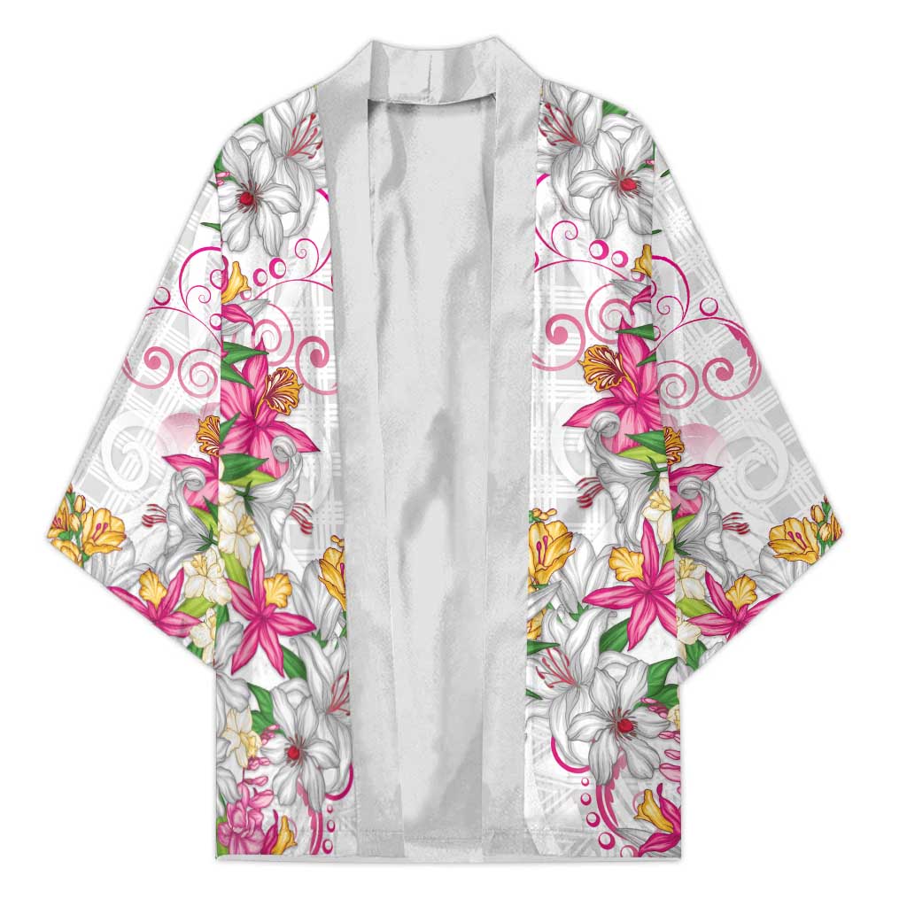 Hawaii Palaka Kimono White Tribal Pattern With Tropical Flowers LT05 Unisex White - Polynesian Pride