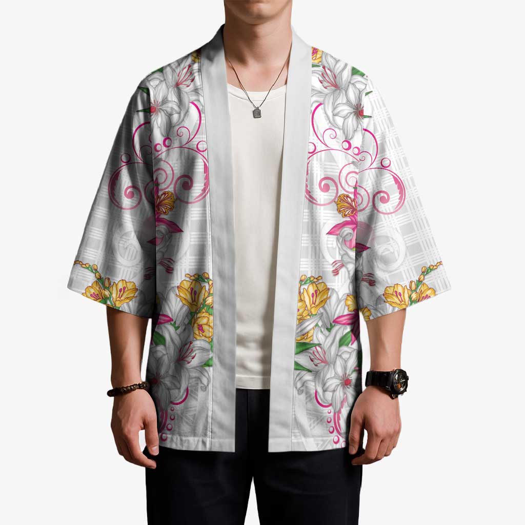 Hawaii Palaka Kimono White Tribal Pattern With Tropical Flowers - Polynesian Pride