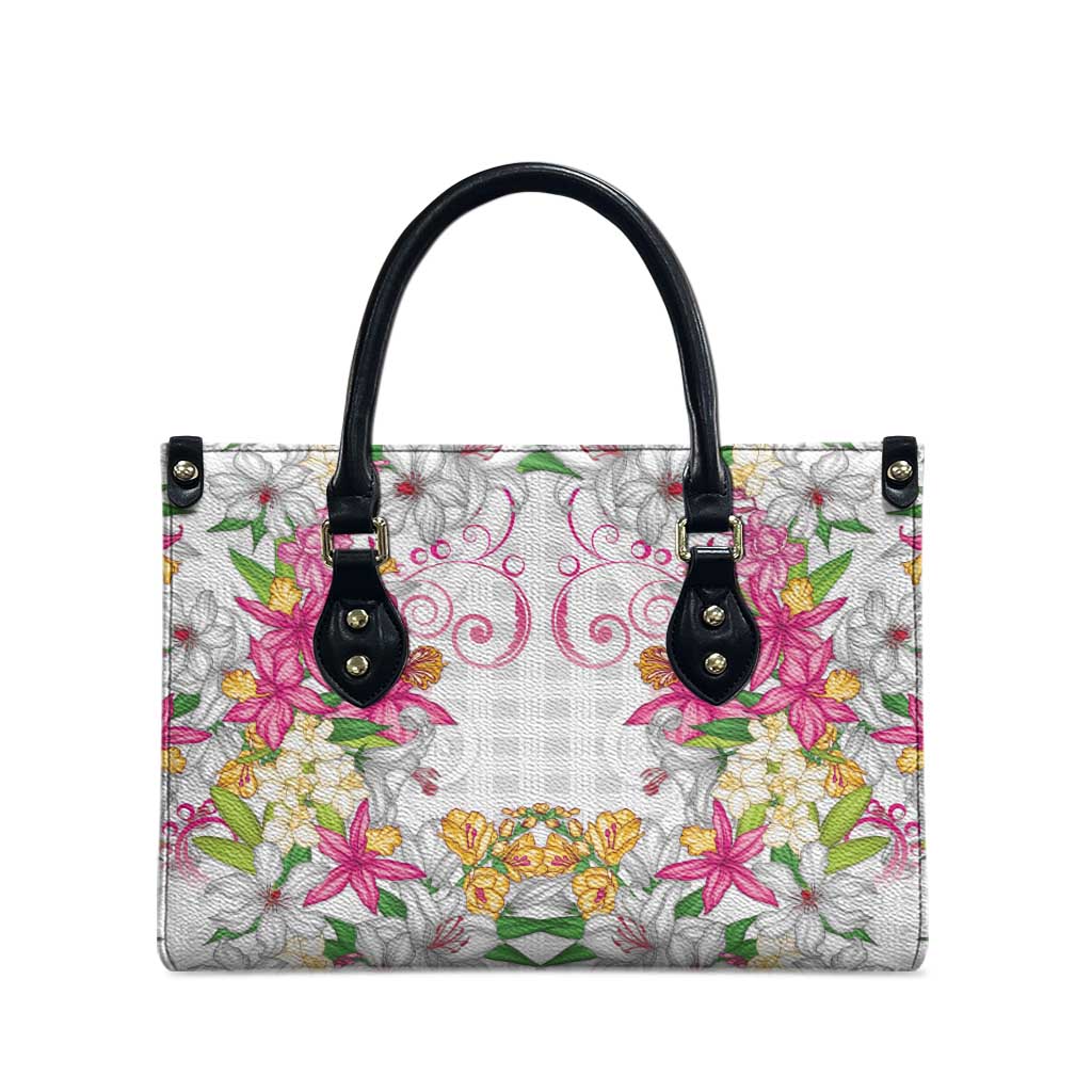 Hawaii Palaka Leather Bag White Tribal Pattern With Tropical Flowers - Polynesian Pride