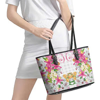 Hawaii Palaka Leather Tote Bag White Tribal Pattern With Tropical Flowers LT05 - Polynesian Pride