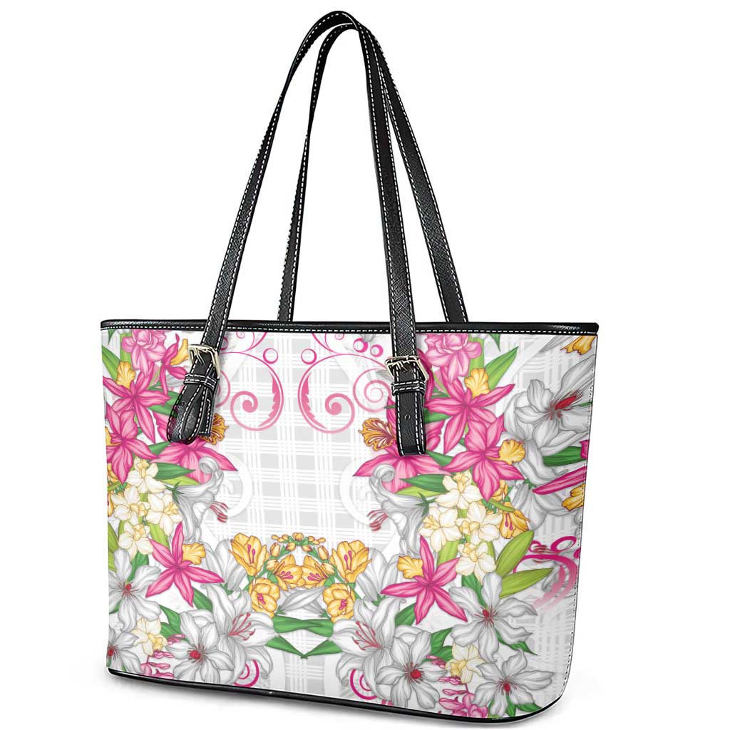 Hawaii Palaka Leather Tote Bag White Tribal Pattern With Tropical Flowers LT05 - Polynesian Pride