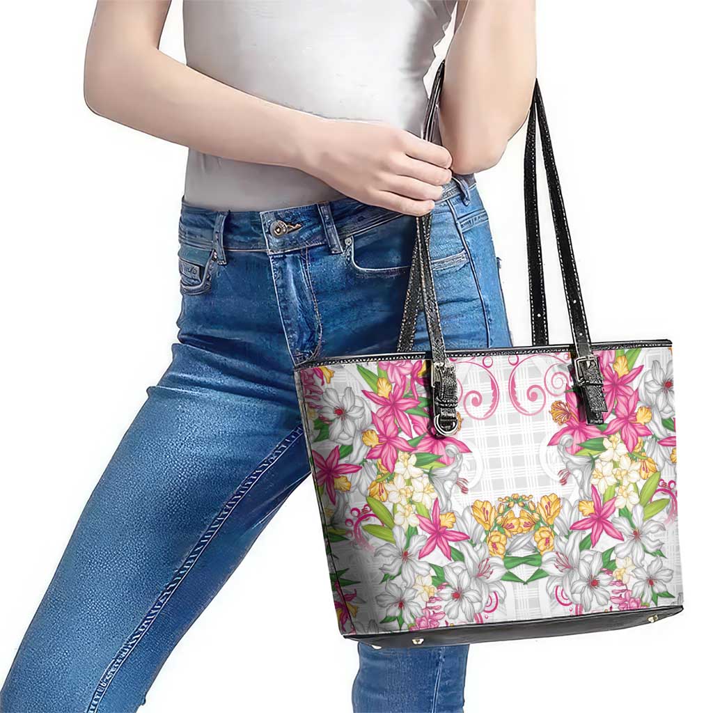 Hawaii Palaka Leather Tote Bag White Tribal Pattern With Tropical Flowers LT05 - Polynesian Pride