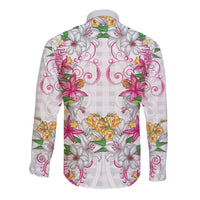 Hawaii Palaka Long Sleeve Button Shirt White Tribal Pattern With Tropical Flowers LT05 - Polynesian Pride