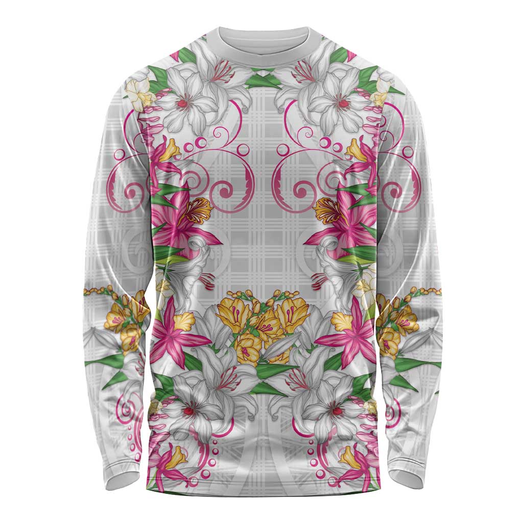 Hawaii Palaka Long Sleeve Shirt White Tribal Pattern With Tropical Flowers LT05 Unisex White - Polynesian Pride