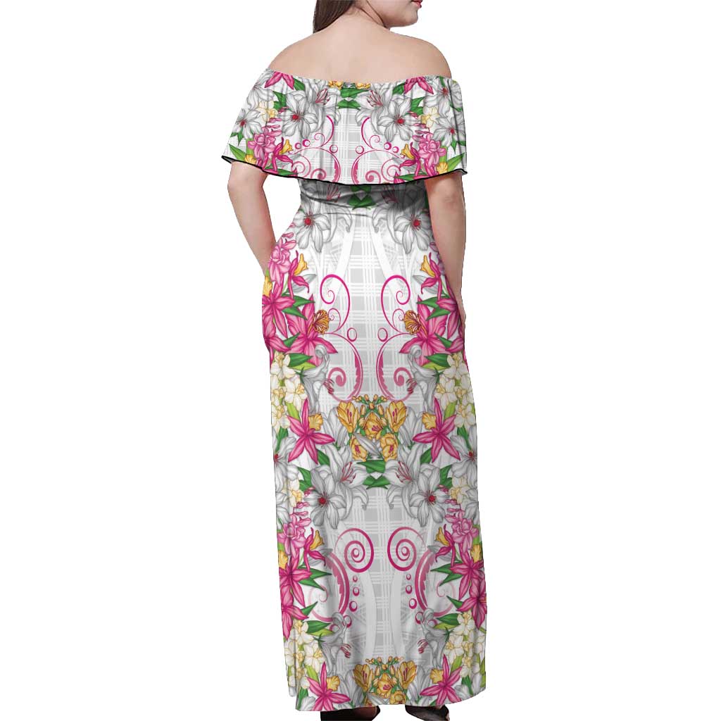 Hawaii Palaka Off Shoulder Maxi Dress White Tribal Pattern With Tropical Flowers - Polynesian Pride