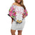 Hawaii Palaka Off Shoulder Short Dress White Tribal Pattern With Tropical Flowers - Polynesian Pride