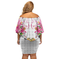 Hawaii Palaka Off Shoulder Short Dress White Tribal Pattern With Tropical Flowers - Polynesian Pride