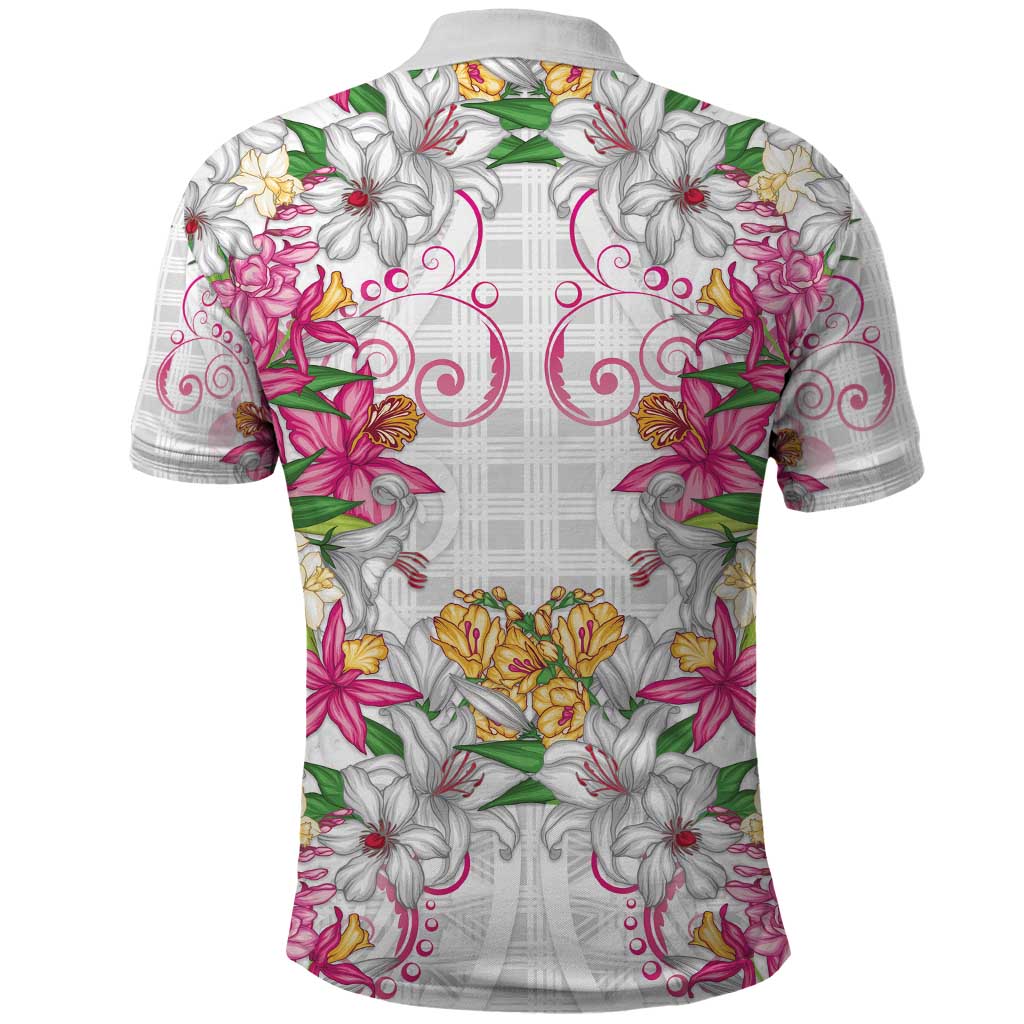 Hawaii Palaka Polo Shirt White Tribal Pattern With Tropical Flowers - Polynesian Pride