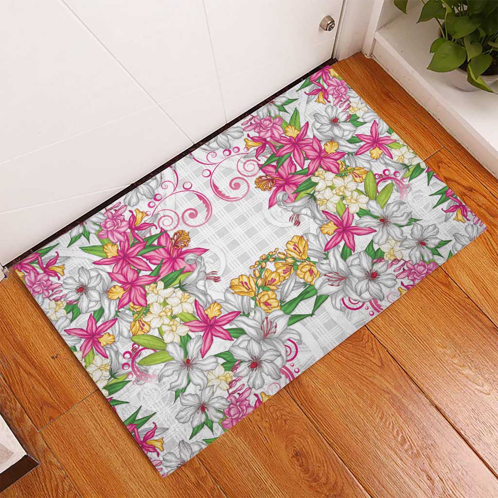Hawaii Palaka Rubber Doormat White Tribal Pattern With Tropical Flowers - Polynesian Pride