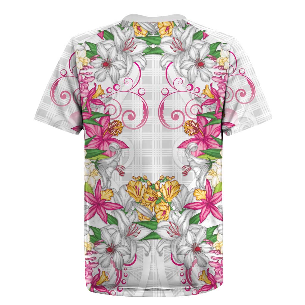 Hawaii Palaka Rugby Jersey White Tribal Pattern With Tropical Flowers - Polynesian Pride