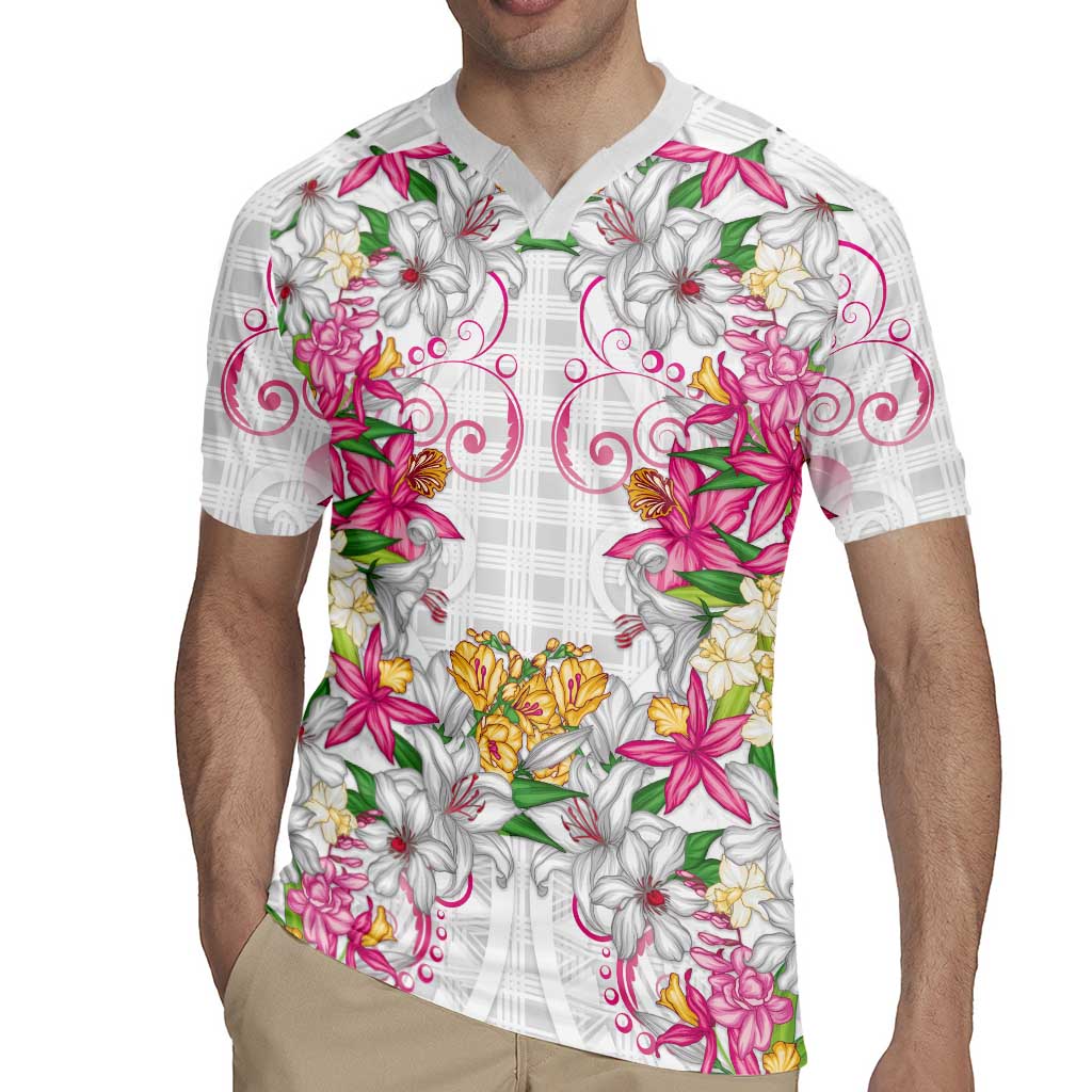 Hawaii Palaka Rugby Jersey White Tribal Pattern With Tropical Flowers - Polynesian Pride