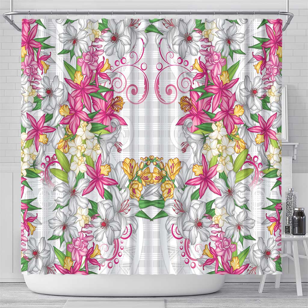 Hawaii Palaka Shower Curtain White Tribal Pattern With Tropical Flowers LT05 - Polynesian Pride