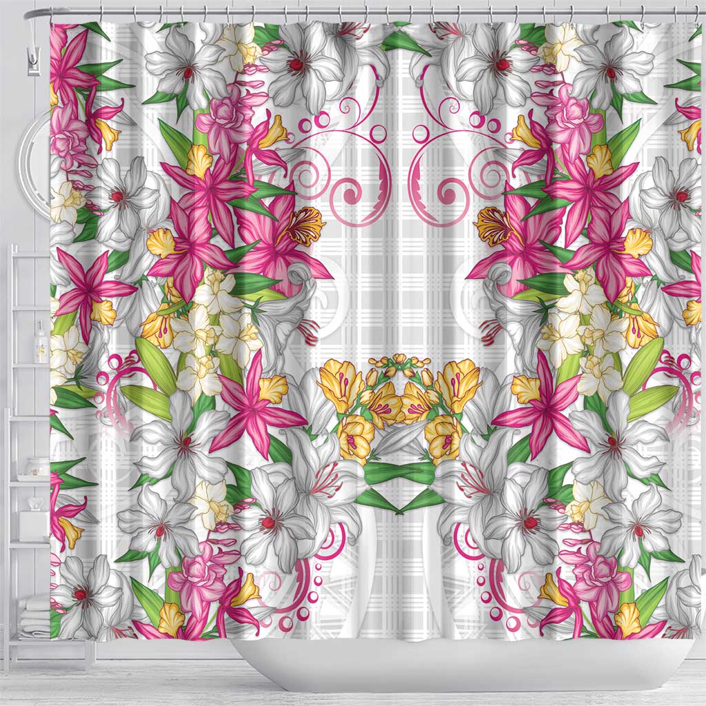 Hawaii Palaka Shower Curtain White Tribal Pattern With Tropical Flowers LT05 - Polynesian Pride