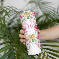 Hawaii Palaka Skinny Tumbler White Tribal Pattern With Tropical Flowers - Polynesian Pride