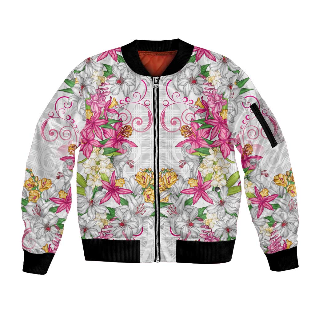 Hawaii Palaka Sleeve Zip Bomber Jacket White Tribal Pattern With Tropical Flowers LT05 Unisex White - Polynesian Pride