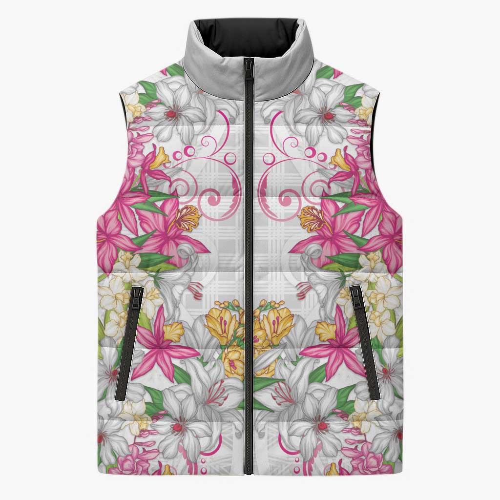 Hawaii Palaka Sleeveless Puffer Jacket White Tribal Pattern With Tropical Flowers LT05 Unisex White - Polynesian Pride