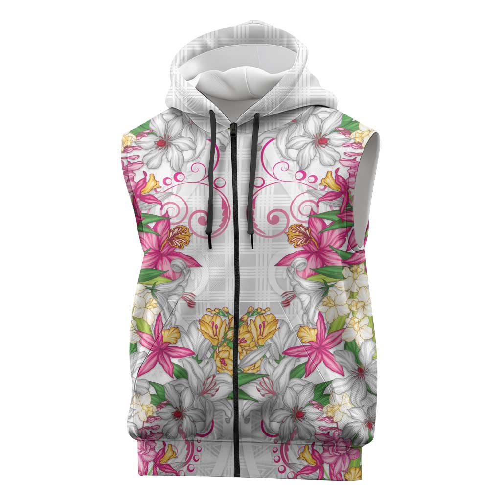 Hawaii Palaka Sleeveless Zip Hoodie White Tribal Pattern With Tropical Flowers - Polynesian Pride