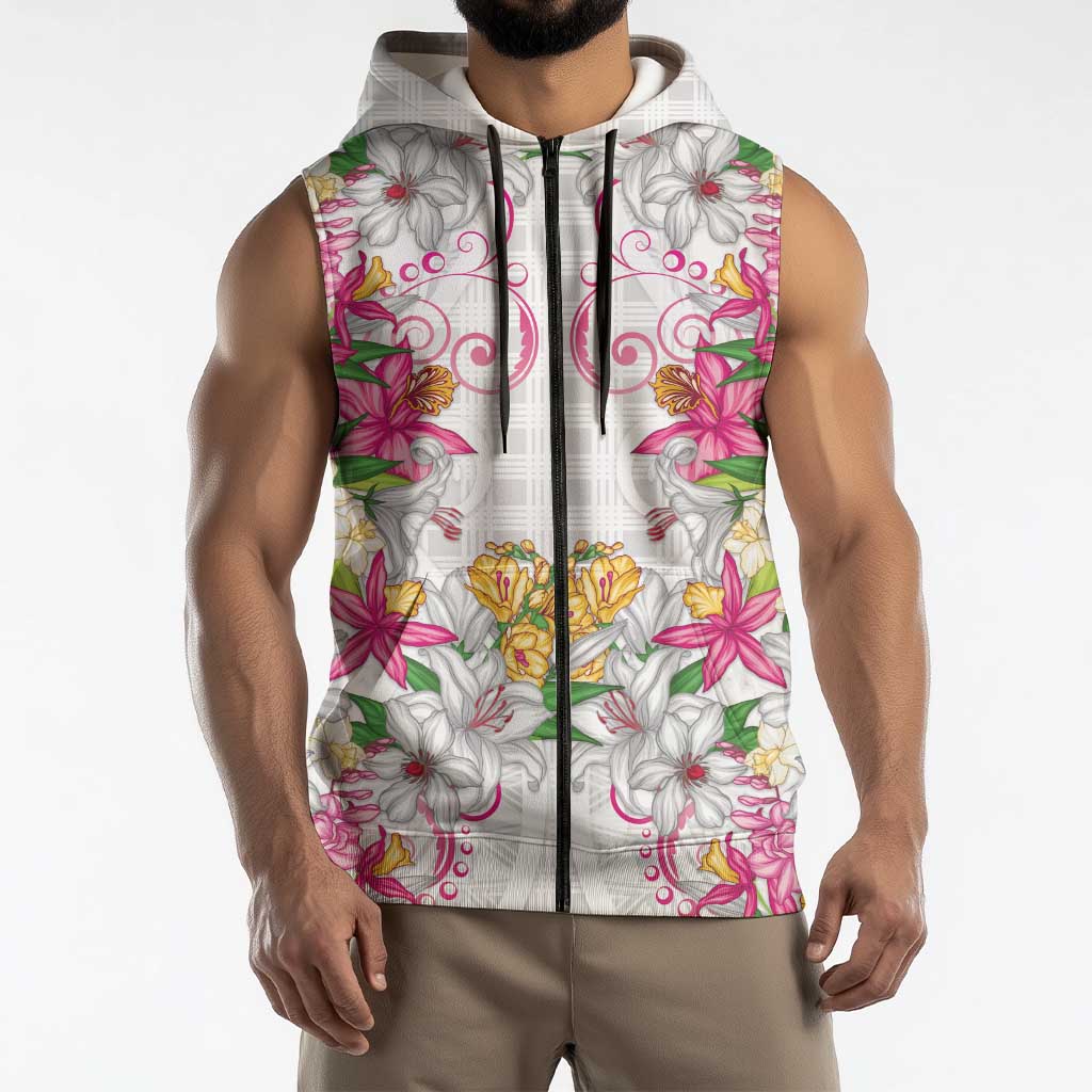 Hawaii Palaka Sleeveless Zip Hoodie White Tribal Pattern With Tropical Flowers - Polynesian Pride