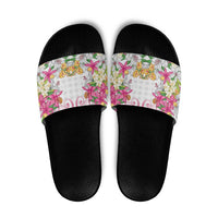 Hawaii Palaka Slide Sandals White Tribal Pattern With Tropical Flowers LT05 White - Polynesian Pride
