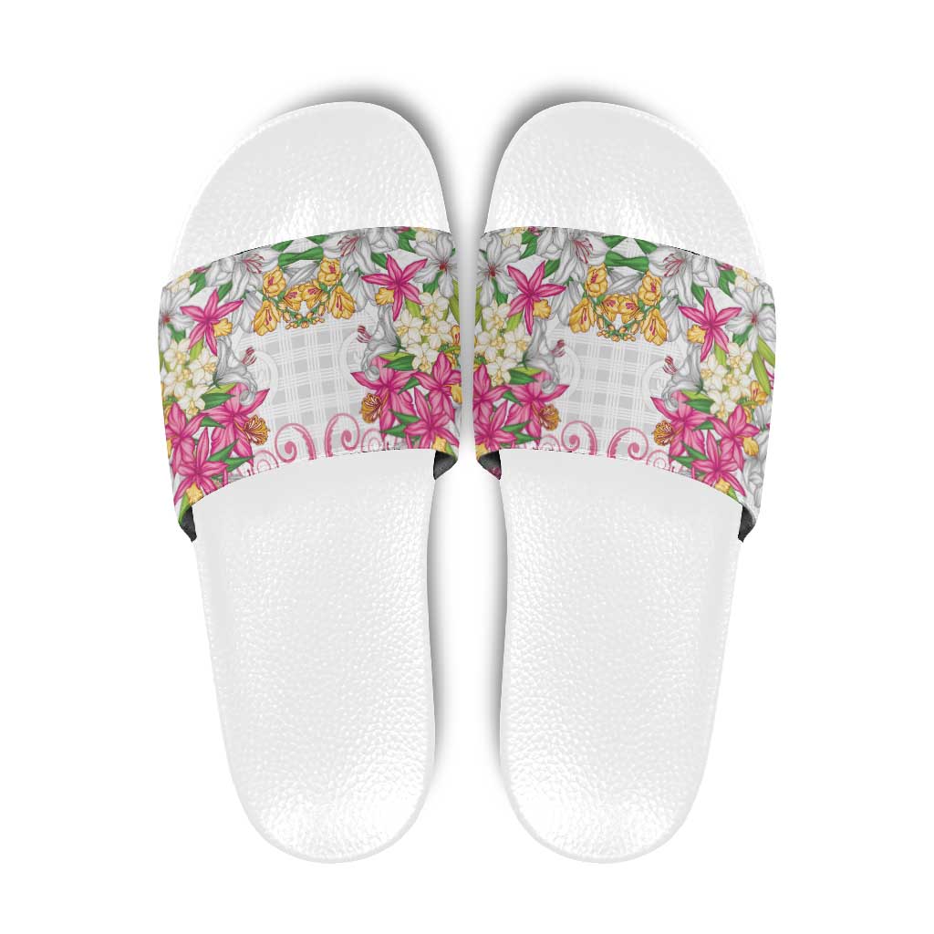 Hawaii Palaka Slide Sandals White Tribal Pattern With Tropical Flowers LT05 White - Polynesian Pride
