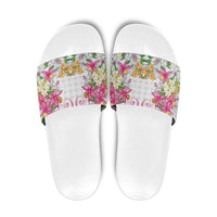 Hawaii Palaka Slide Sandals White Tribal Pattern With Tropical Flowers LT05 White - Polynesian Pride