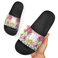 Hawaii Palaka Slide Sandals White Tribal Pattern With Tropical Flowers LT05 - Polynesian Pride