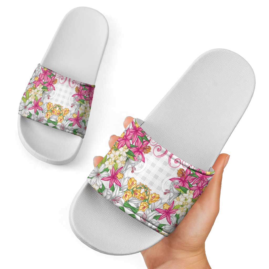 Hawaii Palaka Slide Sandals White Tribal Pattern With Tropical Flowers LT05 - Polynesian Pride