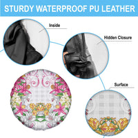 Hawaii Palaka Spare Tire Cover White Tribal Pattern With Tropical Flowers - Polynesian Pride