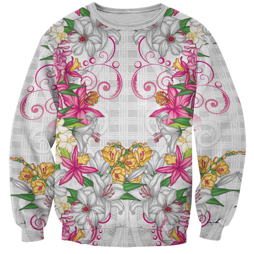 Hawaii Palaka Sweatshirt White Tribal Pattern With Tropical Flowers LT05 Unisex White - Polynesian Pride