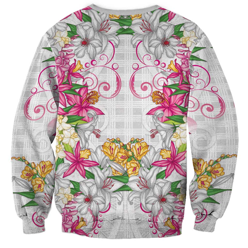Hawaii Palaka Sweatshirt White Tribal Pattern With Tropical Flowers LT05 - Polynesian Pride