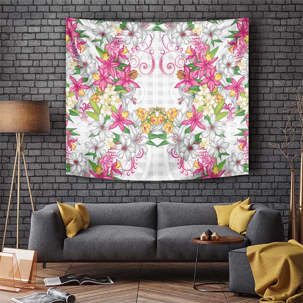 Hawaii Palaka Tapestry White Tribal Pattern With Tropical Flowers LT05 White - Polynesian Pride