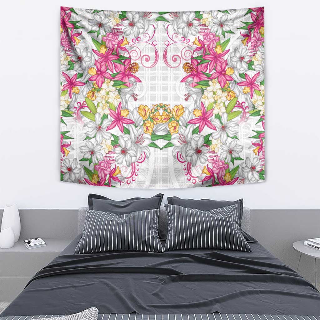 Hawaii Palaka Tapestry White Tribal Pattern With Tropical Flowers LT05 - Polynesian Pride