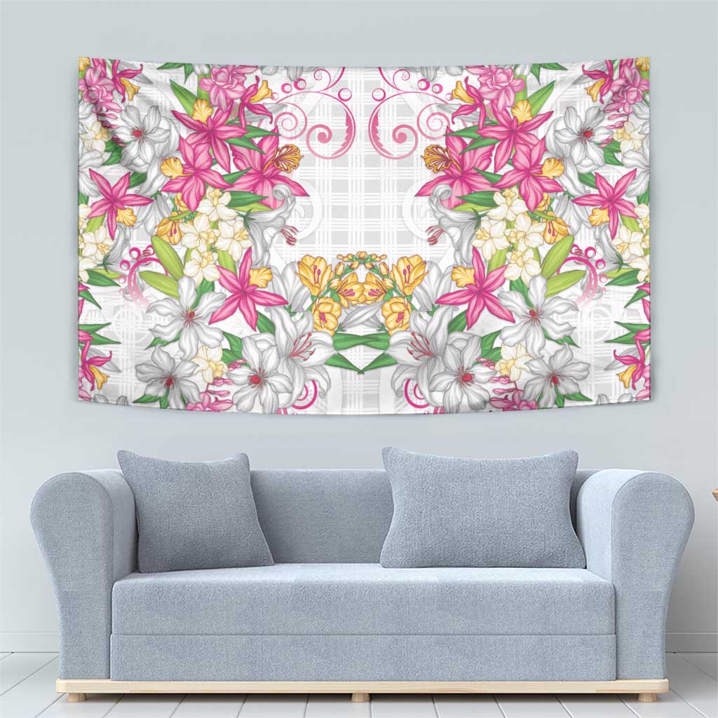 Hawaii Palaka Tapestry White Tribal Pattern With Tropical Flowers LT05 - Polynesian Pride